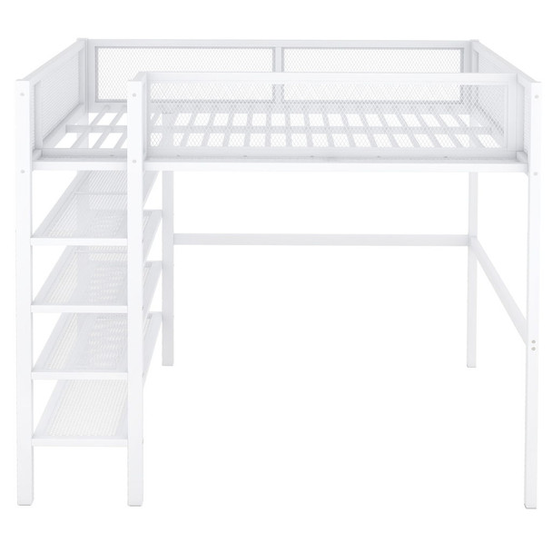 Full Size Loft Bed With 4 Tier Shelves And Storage - White