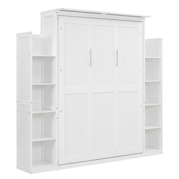 Full Size Murphy Wall Bed With Shelves And LED Lights - White