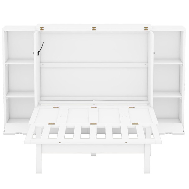 Queen Size Murphy Bed With Shelves, Drawers And USB Ports - White