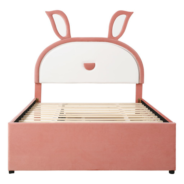 Full Size Upholstered Platform Bed With Trundle And 3 Drawers, Rabbit-Shaped Headboard With Embedded LED Lights - Pink