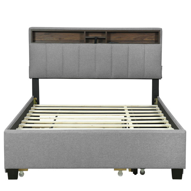 Full Size Upholstered Platform Bed With Storage Headboard, Twin Size Trundle & 2 Drawers And A Set Of Sockets & USB Ports - Gray