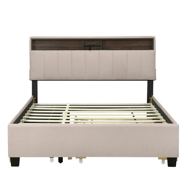Queen Size Upholstered Platform Bed With Storage Headboard, Twin Long Size Trundle & 2 Drawers And A Set Of Sockets & USB Ports - Beige