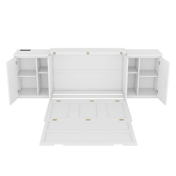 Full Size Murphy Bed With Shelves, Cabinets And USB Ports - White