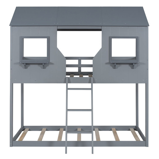 Twin Over Twin Bunk Bed With Roof, Window, Guardrail, Ladder - Gray