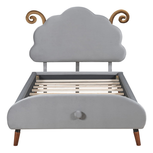 Twin Size Upholstered Platform Bed With Sheep Shaped Headboard - Gray