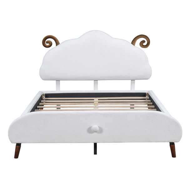 Full Size Upholstered Platform Bed With Sheep Shaped Headboard - White
