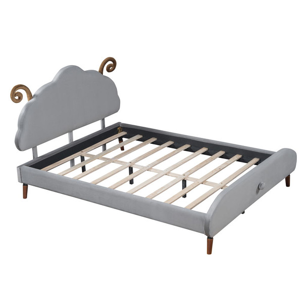 Full Size Upholstered Platform Bed With Sheep Shaped Headboard - Gray