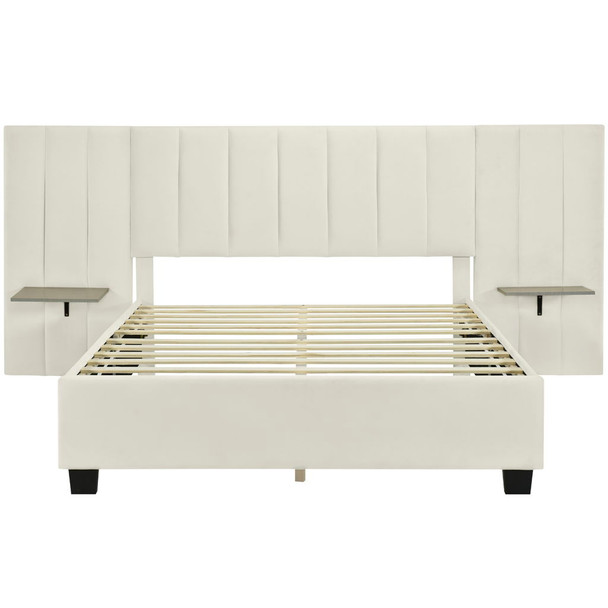 Queen Size Upholstered Platform Bed With Big Headboard - Beige