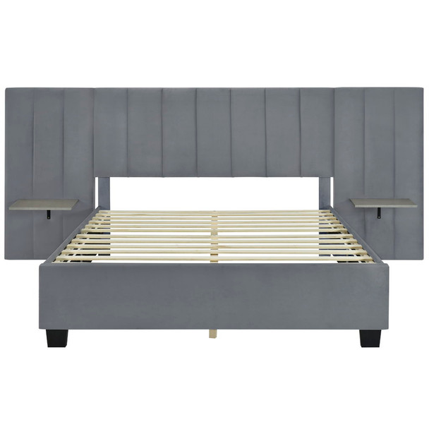 Queen Size Upholstered Platform Bed With Big Headboard - Gray