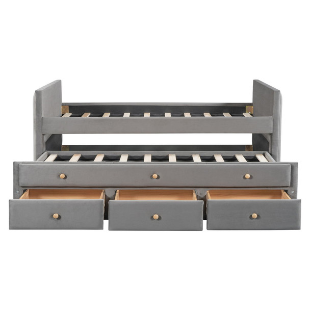 Twin Size Upholstered Daybed With Twin Size Trundle And Drawers - Gray