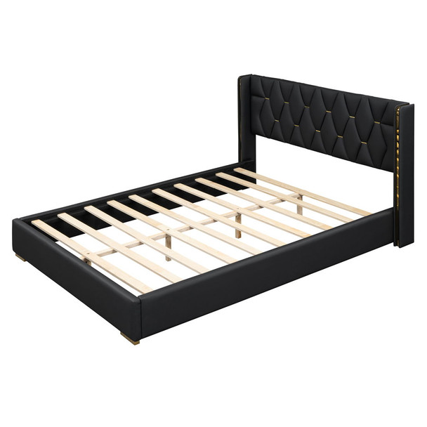 Queen Size Upholstered Platform Bed With Strips - Black