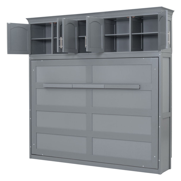 Queen Size Murphy Modern Bed With Top Cabinets For Space Saving And Comfort - Gray