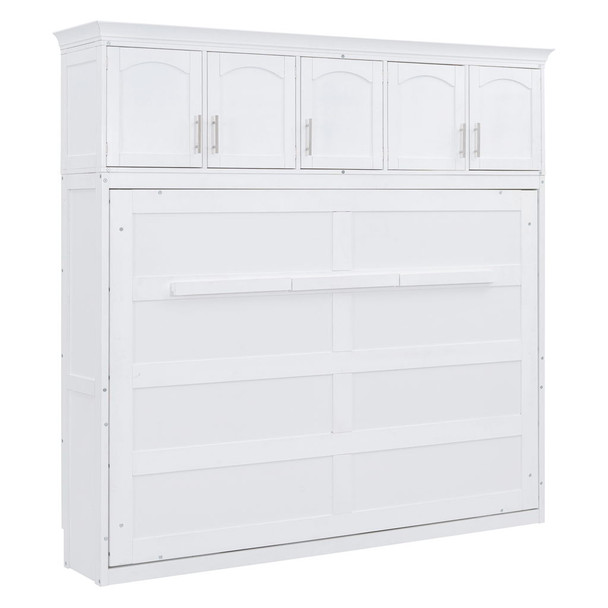 Queen Size Murphy Modern Wall Bed With Top Cabinets, Space Saving Design - White
