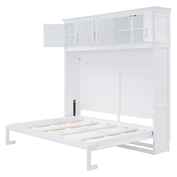 Full Size Space Saving Murphy Wall Bed With Top Cabinets, Flexible Slats - White