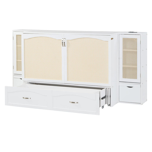 Full Size Murphy Wall Bed With Drawer And Rattan Decoration - White