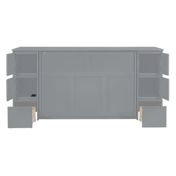 Full Size Murphy Bed With Drawers, Cabinets, And USB Ports - Gray