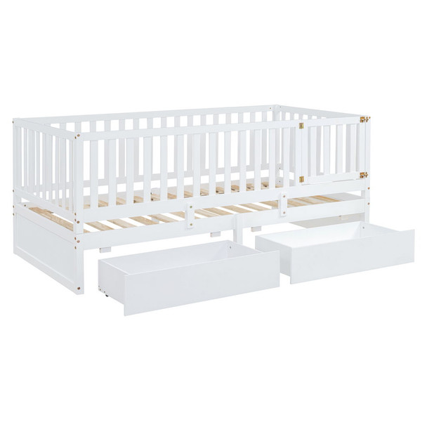 Twin Size Daybed With Fence Guardrails And 2 Drawers, Split Into Independent Floor Bed & Daybed - White