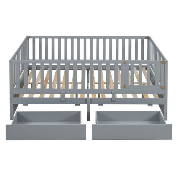 Full Size Daybed With Fence Guardrails And 2 Drawers - Gray