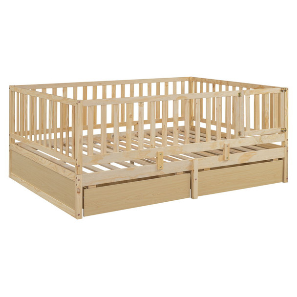 Full Size Daybed With Fence Guardrails And 2 Drawers, Split Into Independent Floor Bed & Daybed - Natural