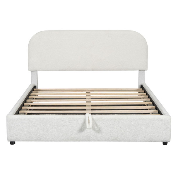 Queen Size Upholstered Platform Bed With Hydraulic Storage System - White