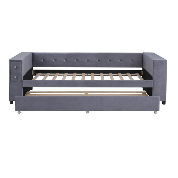 Twin Upholstered Bed With Storage And Twin Trundle, USB Charging Ports - Gray