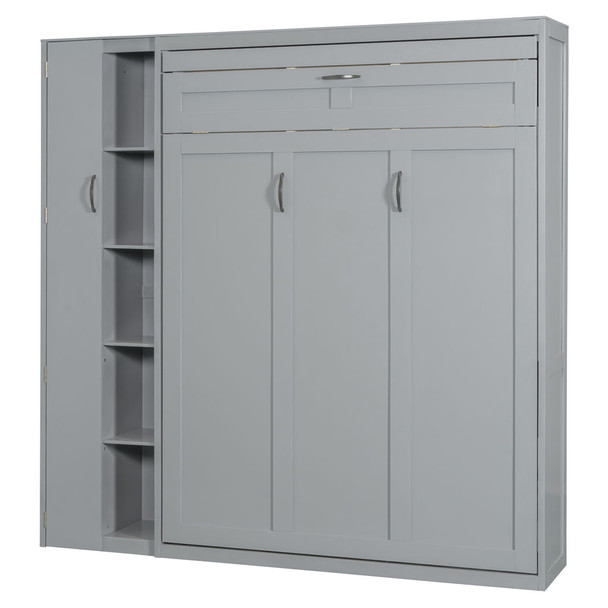 Full Size Murphy Wall Bed With Shelves, Wardrobe And LED Lights - Gray