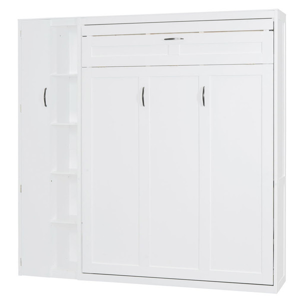 Full Size Murphy Wall Bed With Shelves, Wardrobe And LED Lights - White
