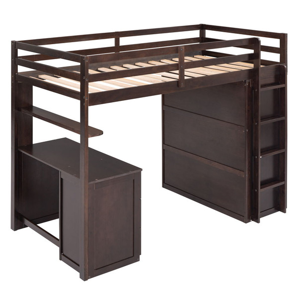 Twin Size Loft Bed With Drawers, Desk, And Wardrobe - Espresso