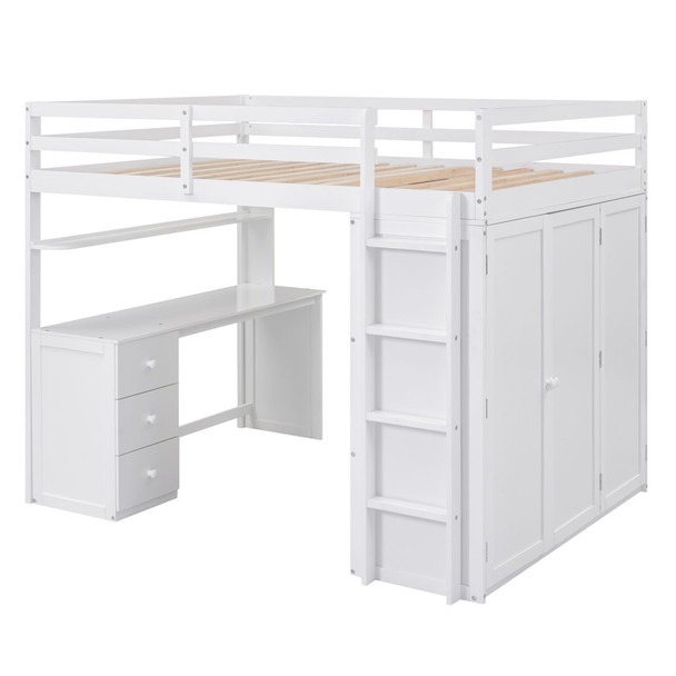Full Size Loft Bed With Drawers, Desk, And Wardrobe - White