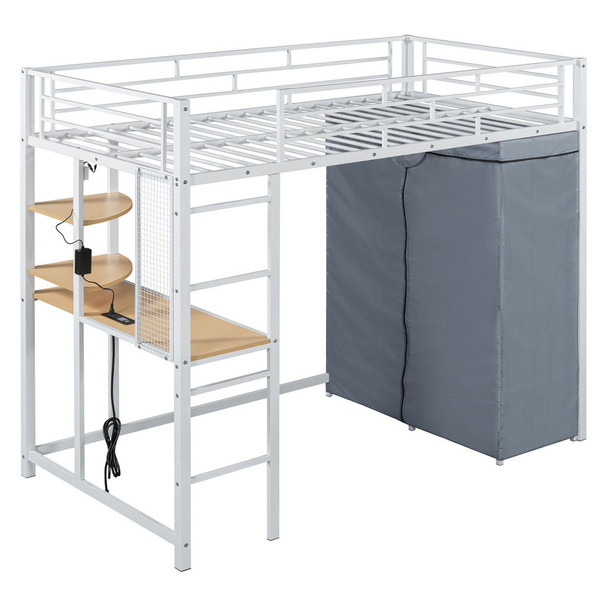 Twin Size Loft Bed With Desk, Shelves, Power Outlet, LED Light And Wardrobe - White