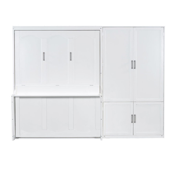 Queen Size Murphy Wall Bed With Closet, Space Saving Design - White