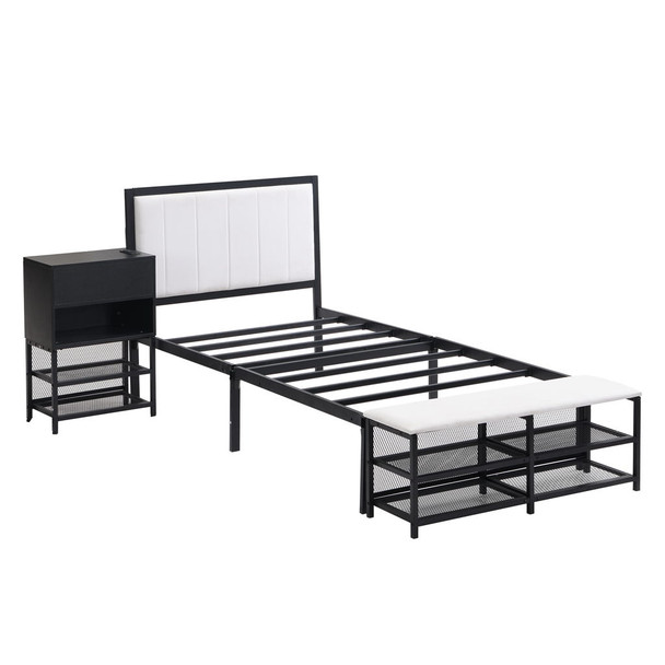 Twin Size Platform Bed With 2 Tier Storage Shelves, Storage Cabinet - Black
