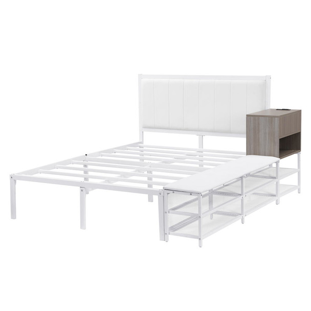 Full Size Platform Bed With 2 Tier Storage Shelves, Storage Cabinet - White