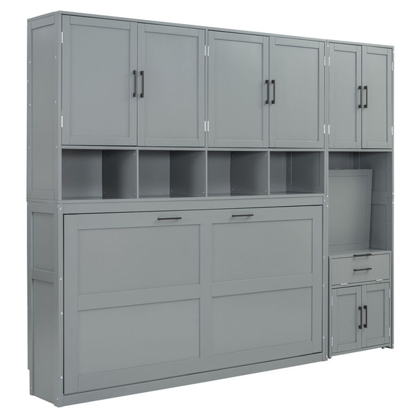 Twin Size Murphy Wall Bed With Closet, Drawers & Desk - Gray