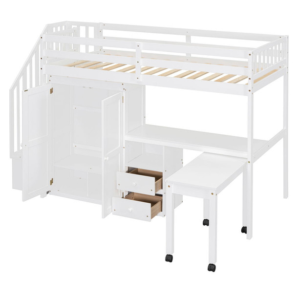 Twin Size Loft Bed With Stairs, Bookshelf, Drawers, Desk & Wardrobe, Space Saving Multifunctional Furniture - White