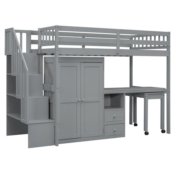 Twin Size Loft Bed With Stairs, Bookshelf, Drawers, Desk & Wardrobe, Space Saving Multifunctional Furniture - Gray