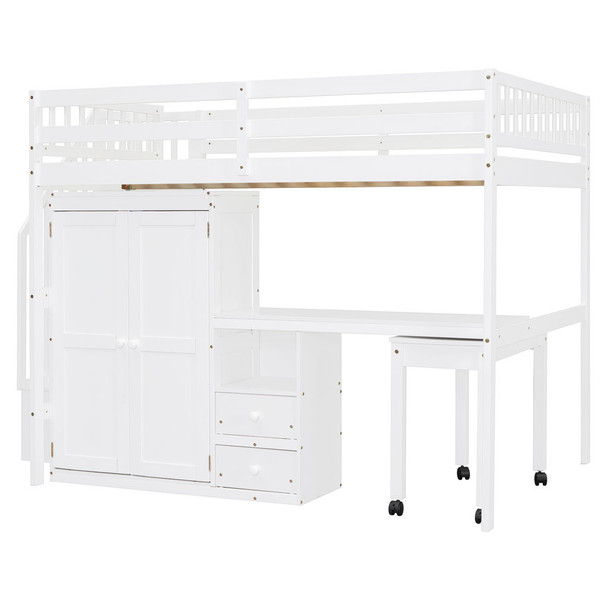Full Size Loft Bed With Stairs, Bookshelf, Drawers, Desk & Wardrobe, Space Saving Multifunctional Furniture - White