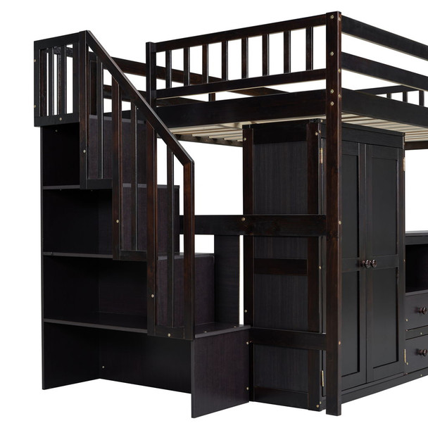Full Size Loft Bed With Stairs, Bookshelf, Drawers, Desk & Wardrobe, Space Saving Multifunctional Furniture - Espresso