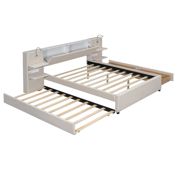 Queen Size Upholstered Platform Bed With Reading Lights, Drawers, Trundle And Shelves - Beige