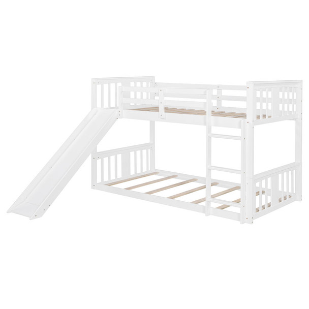 Twin Over Twin Classic Bunk Bed With Slide And Ladder - White
