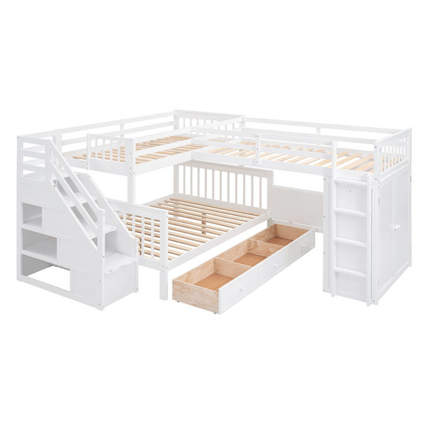Twin Twin Over Full L Shaped Bunk Bed With 3 Drawers, Portable Desk And Wardrobe - White