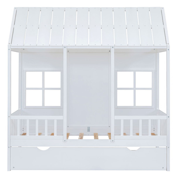 Twin Size House Bed With Twin Size Trundle, Daybed - White