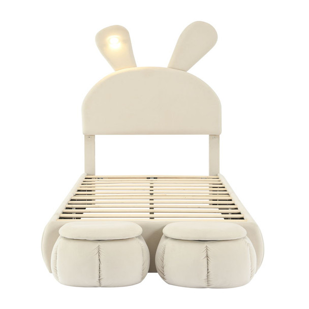 Twin Size Upholstered Platform Bed With Cartoon Ears Shaped Headboard And LED Light - Beige