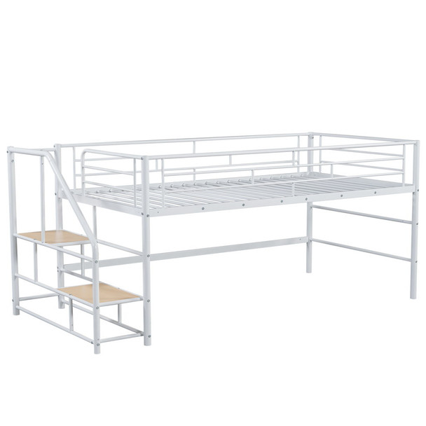 Twin Mid Loft Bed With Storage Stairs And Metal Frame - White