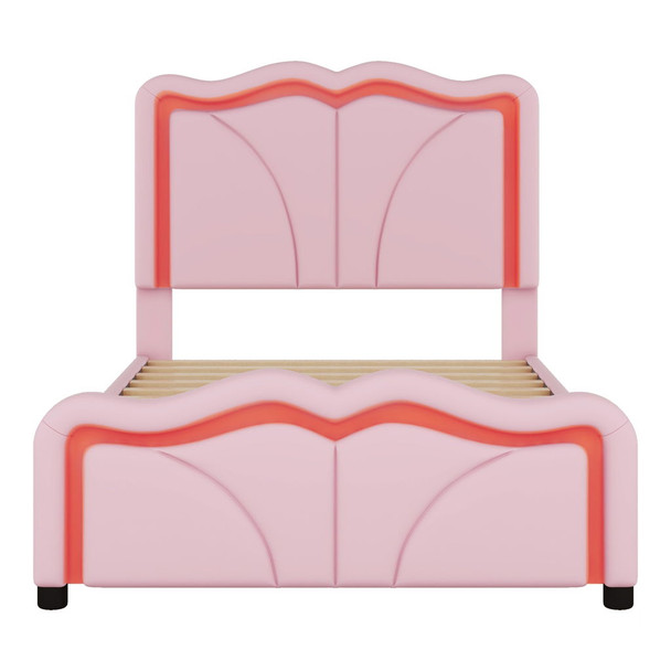 Twin Size Upholstered Platform Bed & Curve Shaped And Height Adjustable Headboard, LED Light Strips - Pink