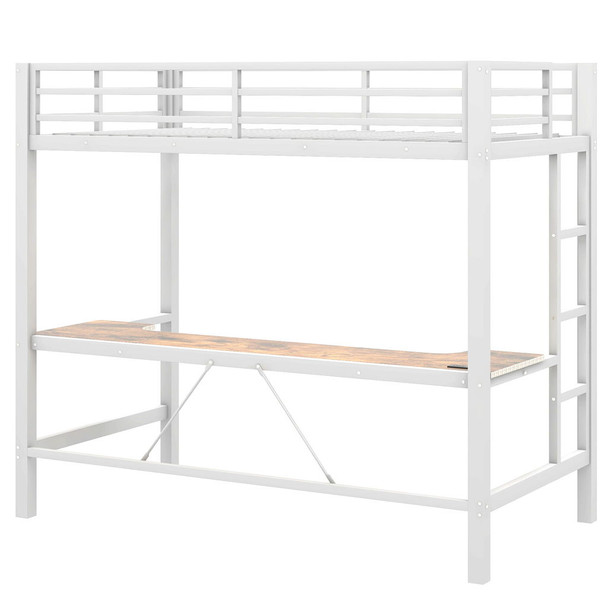 Twin Size Gaming Metal Loft Bed Frame With LED Light, USB Charge Station And Desk - White