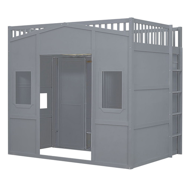 Full Size Loft Stylish Bed With Ladder And Wardrobe - Gray