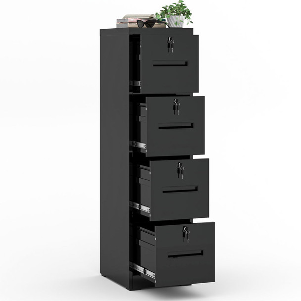 Modern 4 Drawer Metal Vertical Filing Cabinets With Lock For Home Office, Steel Construction, Letter / Legal / A4 / F4 Size - Brushed Nickel