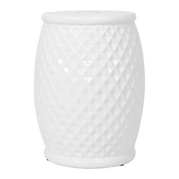 Glazed Ceramic Drum Stool Indoor / Outdoor Side Table Ceramic - White