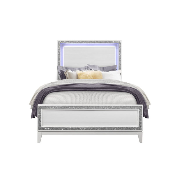 Almera - 5 Pieces Full Bedroom Set With LED Lit Headboard And Glitter Detailing - White